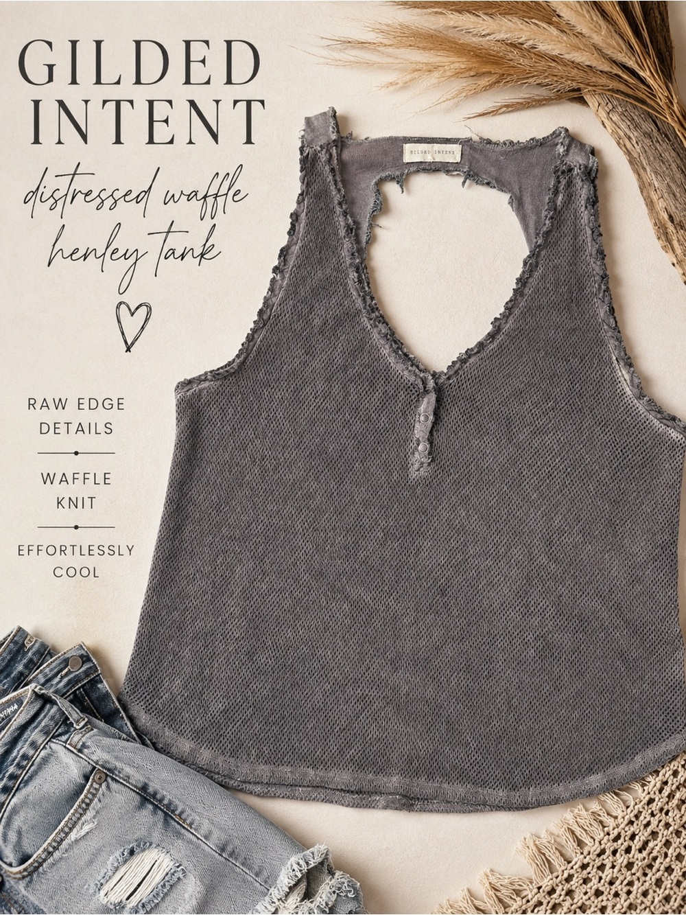 Gilded Intent Distressed Waffle Knit Henley Tank Top Purple Raw Edge Boho S/M
